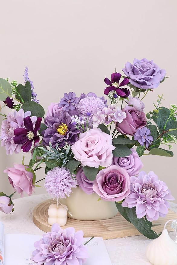 Artificial Flower Purple Combo Box Set Fake Rose Dahlia for DIY Wedding Center Bouquet Bride Baby Shower Party Tables Decoration Floral Arrangements.