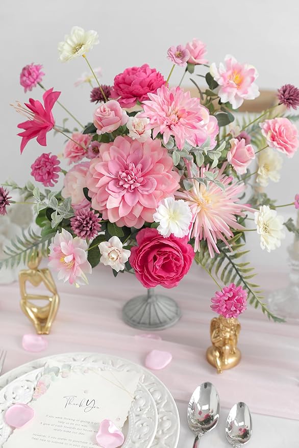 Artificial Flowers Heads Combo Pink Flowers Mix Silk Flowers Dahlia Roses for Graduation Cap DIY Cake Wedding Party Floral Arrangement Table Centerpieces Home Decorations