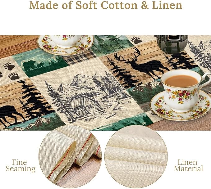 Rustic Cabin Table Runner, Farmhouse Deer Bear Retro Pine Forest Wooden Plank Wild Animal Seasonal Coffee Table Center Decor for Home Kitchen Dining Patio Holiday Party Table Decorations 13x72 inches
