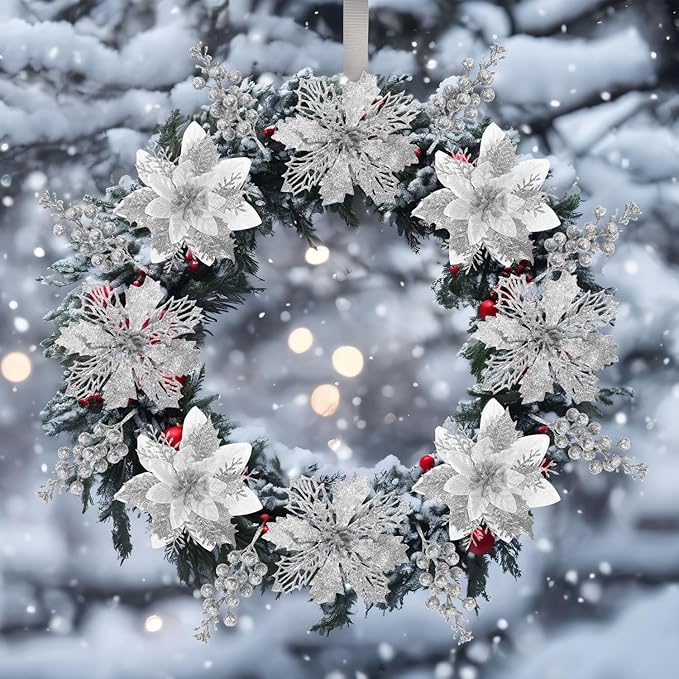 Sawowkuya 22 Pcs Silver Christmas Poinsettia Artificial Flowers and Glitter Berries Stems Kit, Christmas Poinsettias Decorations and Christmas Tree Ornaments for Xmas Home Wedding Holiday Tree Decor
