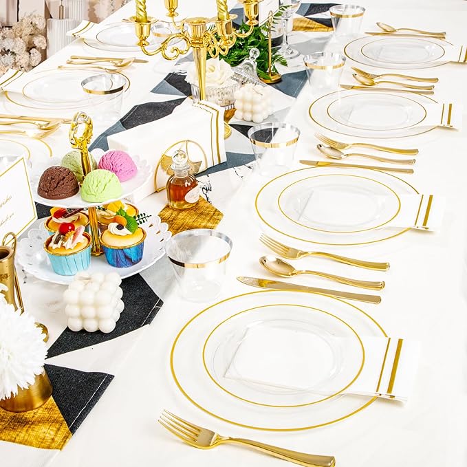 SUT 700Pcs Plastic Dinnerware Set for 100 Guests, Clear and Gold Plastic Plates, Disposable Plates and Napkins Party Supplies, Gold Silverware, Plates, Cups and Napkins Sets for Party Weddings
