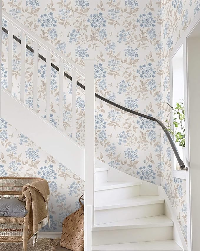 Heroad Boho Floral Wallpaper Blue/Beige Peel and Stick Wallpaper Neutral Leaf Contact Paper Removable Self Adhesive Wall Paper for Cabinet Bedroom Bathroom Waterproof Decor Vinyl Roll 17.3''x78.7''