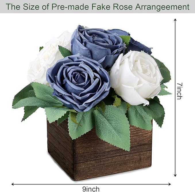 Dining Table Centerpiece Set of 6 - Pre-Made Aritifial Rose with Wooden Vase Fake Floral Arrangment Faux Flower for Wedding Bridal Tea Party Event Decorations - Navy Blue & White