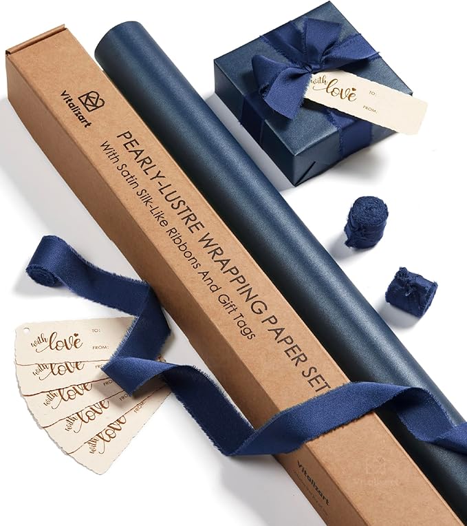 Vitalizart Blue Wrapping Paper Set 30" Pearly-Lustre With Silk Like Satin Ribbon & Gift Tags Recyclable Christmas Gift Wrapping Birthday Baby Shower Wedding Handmade Crafts 197"(16.4 Ft)