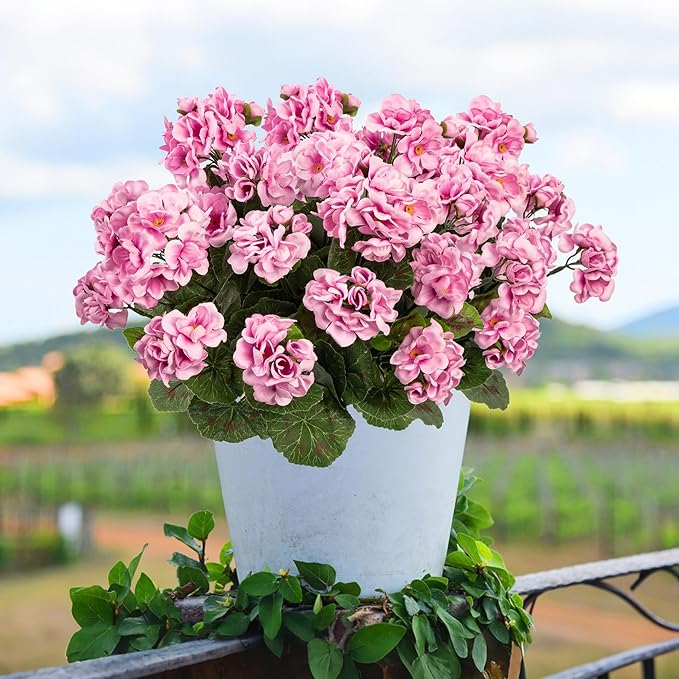 Plastic Flowers for Outdoors Home Decor Fake Plants Artificial Flowers Artificial Geraniums Outdoor Fake Flowers Silk Bouquet, Fall Decor for Interior Porch Garden Decor14.4 (Pink) 8PCS