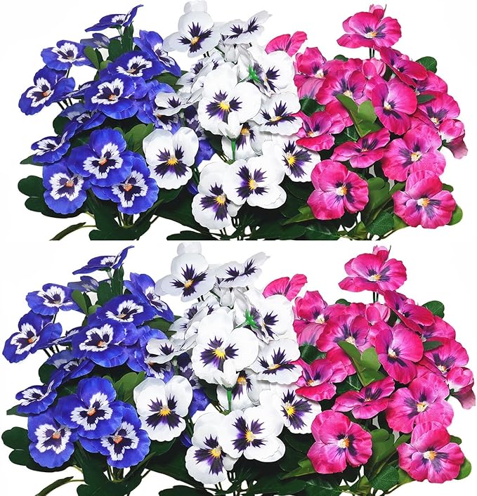 QIANYUN Fake Flowers-12in Pansy Small Wild Flower Daisy 6 Bundles Faux Plastic Purple Flowers for Home Wedding Kitchen Garden Table Centerpieces Indoor Outdoor Decor (Red White Blue)