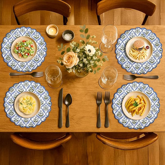 Ridhi Light Steel Blue Bo-ho Round Place Mat Easter Floral Cotton Washable Placemats 15" Round Embroidery Block Print Table Mat Pack of 8-15 Inch Round
