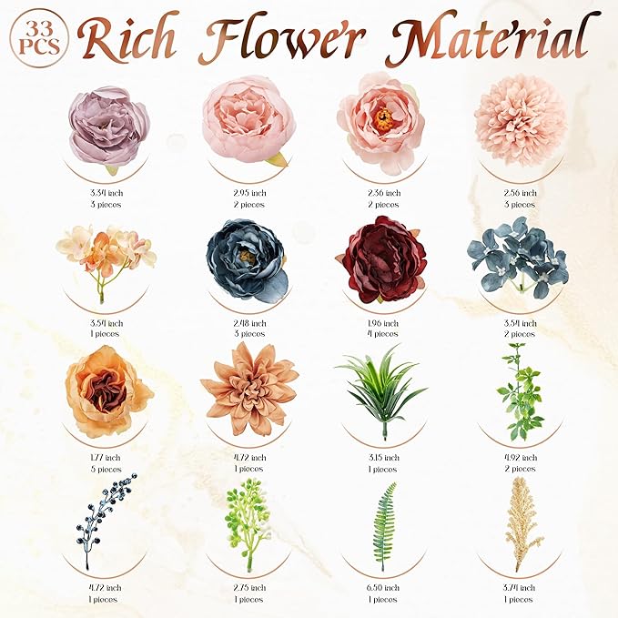 Artificial Flowers, Fake Peony Flower Combo Box Set, Silk Flowers with Wire Stem for DIY Wedding Bridal Bouquet Shower Party Home Décor (Multi-Color)