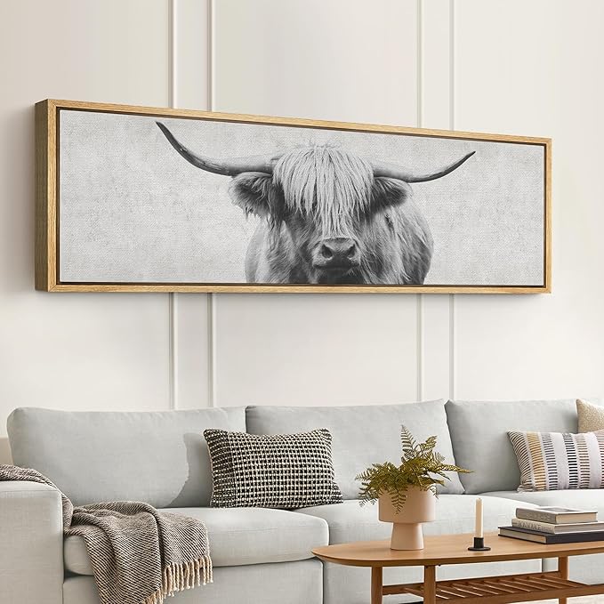 SIGNFORD Large Framed Canvas Print Wall Art Highland Gentleman Portrait of a Highland Cow Illustrations Modern Art Relax/Calm Warm for Living Room, Bedroom, Office - 60"x20"