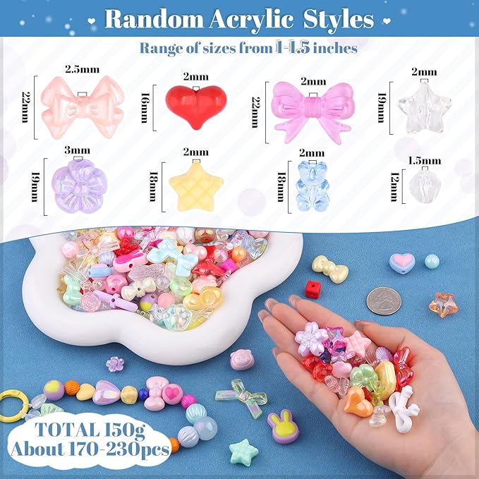 Assorted Acrylic Beads, 200-260PCS Mixed Colors Cute Beads for Bracelet Making, GummyBear Bow Flower Kawaii Charms for Jewelry Making DIY Necklace Keychain Phone Charm Christmas Gift