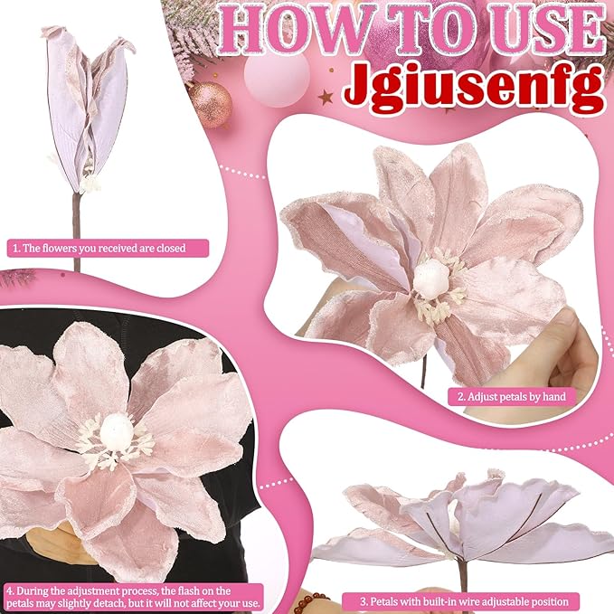 8 Pcs Large Christmas Flower Magnolia Flowers Christmas Tree Decoration Artificial Poinsettia Stems Velvet Xmas Ornaments for Xmas Tree Table Decor(Pink,12 Inch)