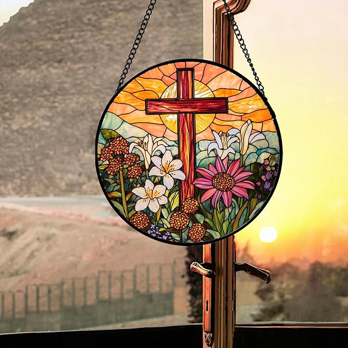 Christian Gifts for Women - Cross Stained Glass Window Hanging Easter Flower Sunset Landscape Sun Catcher Garden Religion Decor Mother's Day Catholic Gift for Men Grandma Mom Her Nana 9.8"