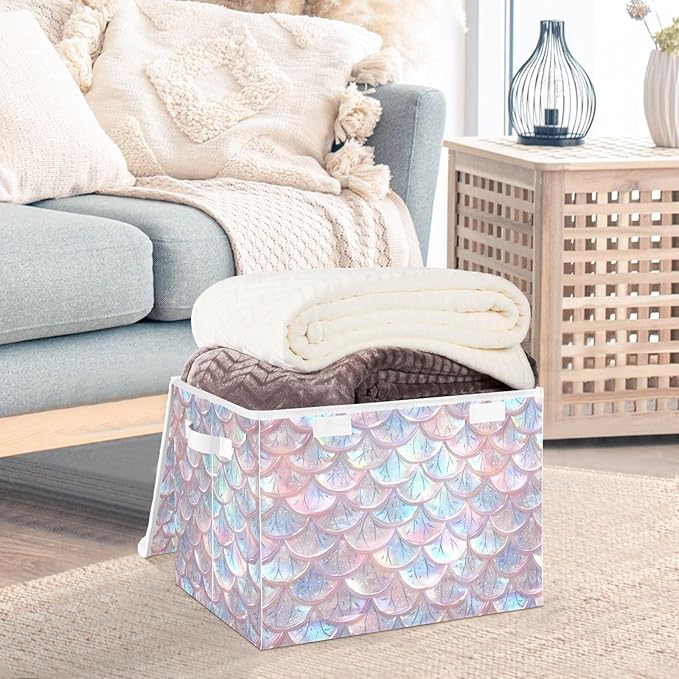 senya Baskets Collapsible Storage Bins with Lids, Pastel Sheer Mermaid Scales Storage Boxes Clothes Baskets for Organizing, B06D22020