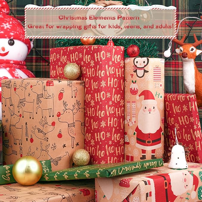 Happypapa Christmas Wrapping Paper, Kraft Xmas Wrapping Paper Rolls - Santa Claus, Gift, Reindeer and Merry Christmas Pattern - 4 Rolls - 17 Inch × 120 Inch Per Roll