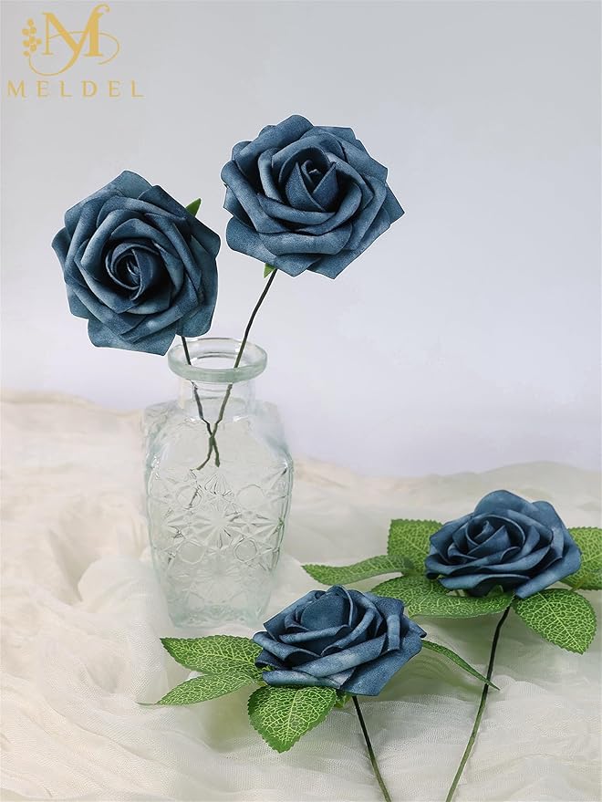 Meldel Artificial Flowers 25pcs Real Looking Dutch Blue Dusty Blue Foam Fake Roses with Stems for DIY Wedding Bouquets Bridal Shower Centerpieces Floral Arrangements Home Decorations