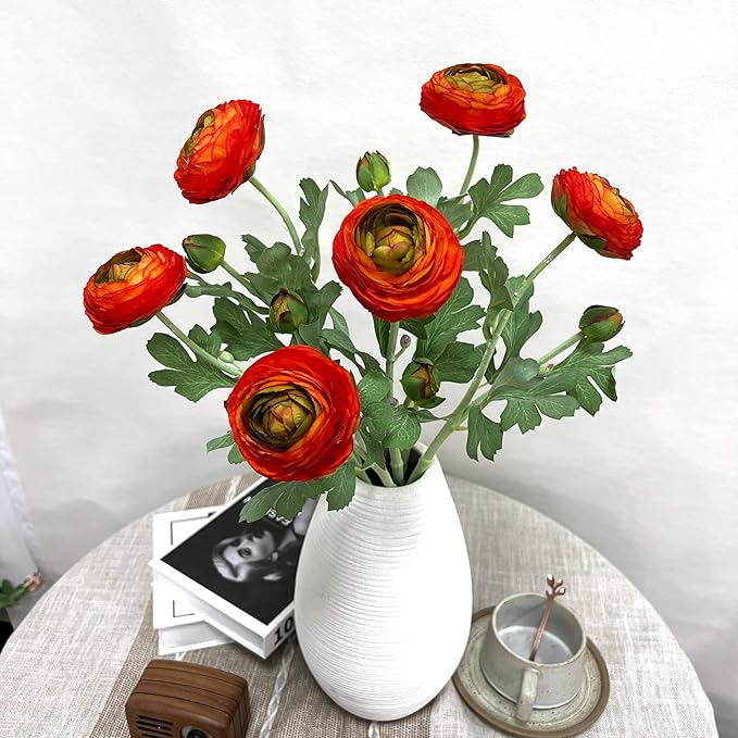 ATFL Orange red Ranunculus Artificial Flowers,6 Pcs Artificial Faux Silk Ranunculus Flowers with Real Touch Stems,Fake Peony Flowers for Floral Arrangements DIY Wedding Bouquet Party Table Home Decor