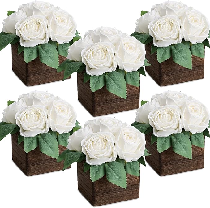 Dining Table Centerpiece Set of 6 - Pre-Made Aritifial Rose with Wooden Vase Fake Floral Arrangment Faux Flower for Wedding Bridal Tea Party Event Decorations - White