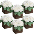 Dining Table Centerpiece Set of 6 - Pre-Made Aritifial Rose with Wooden Vase Fake Floral Arrangment Faux Flower for Wedding Bridal Tea Party Event Decorations - White