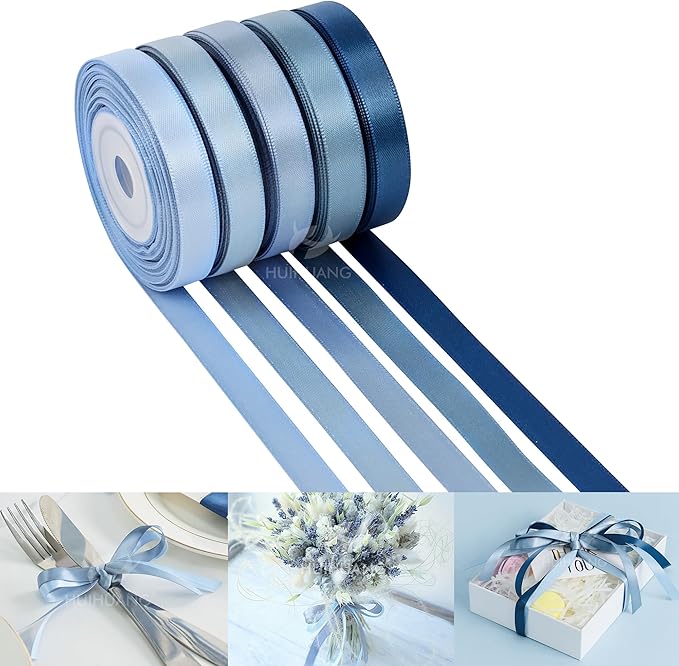 HUIHUANG Dusty Blue Ribbon 3/8 inch Satin Ribbon Assorted Dusty Blue Wedding Ribbons for Flower Bouquets Wedding Bridal Shower Decor Gift Wrapping DIY Crafts Hair Decor- 10 Yards x 5 Color