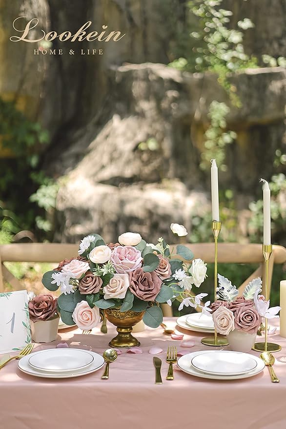 Lookein Artificial Flowers for DIY Wedding Decoration Bridal Bouquet Table Centerpieces Flower Wreaths Aisle Decoration Home Decor, Elegant Dusty Rose