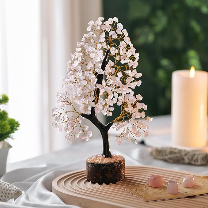 Rose Quartz - Crystal Tree - Healing Stones and Crystals Set - Chakra Crystals - Handmade Gifts for Women - Tree of Life Decor - Good Luck Charms - Healing Stones - House Gifts - Spiritual Room Decor