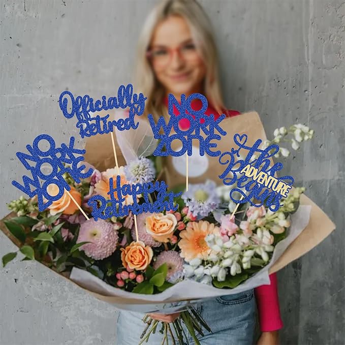 Ephlyn 16Pcs Happy Retirement Centerpiece Sticks Officially Retired Table Flower Centerpieces Sticks No Work Zone Floral Decorations for Farewell Birthday Party Centerpieces Supplies Blue