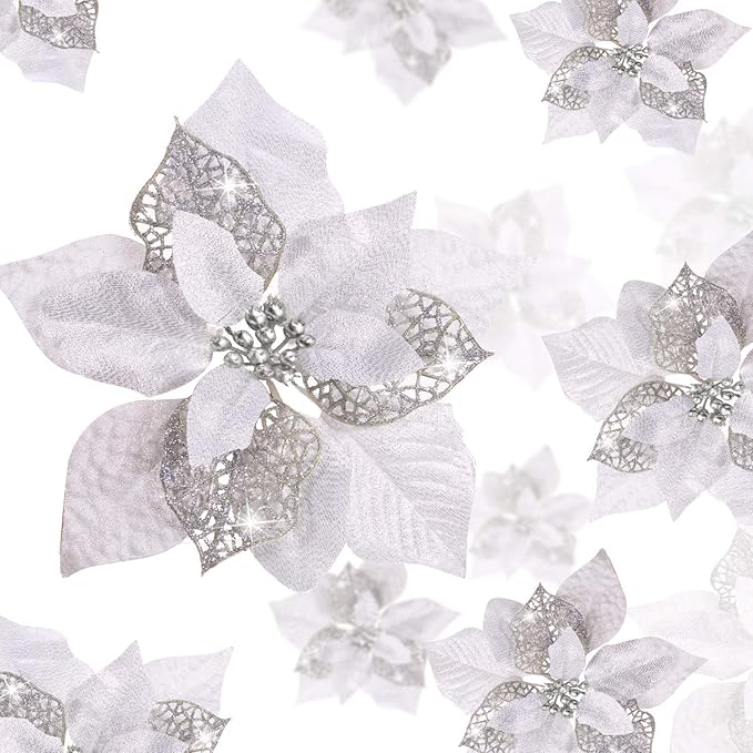 Boao 24 Pieces Christmas Artificial Glitter Poinsettia Flowers Xmas Flowers Wedding Christmas Tree New Year Ornaments(Silver)