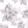 Boao 24 Pieces Christmas Artificial Glitter Poinsettia Flowers Xmas Flowers Wedding Christmas Tree New Year Ornaments(Silver)