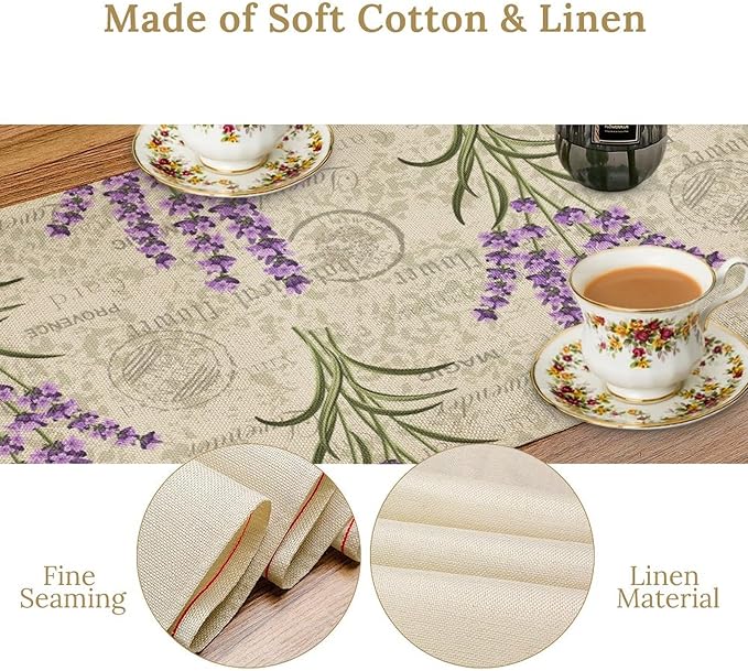 Floral Lavender Table Runner,Vintage Rustic Country Romantic Purple Flower Pattern Print Burlap for Hotel Indoors Outdoor Dining Room Kitchen Home Decor, 13x90in