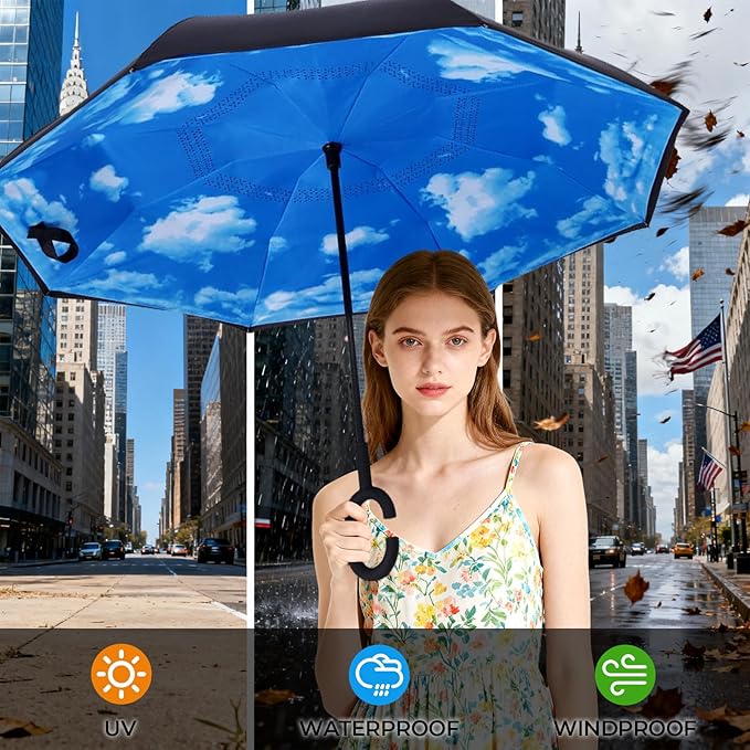 Inverted Umbrella, 49 Inch Double-Layer Vented Reverse Umbrella, Windproof Waterproof UV Protection, Lightweight C-Handle, Fiberglass Ribs, Steel Shaft, Travel/Commute/Car Use, With Sleeve