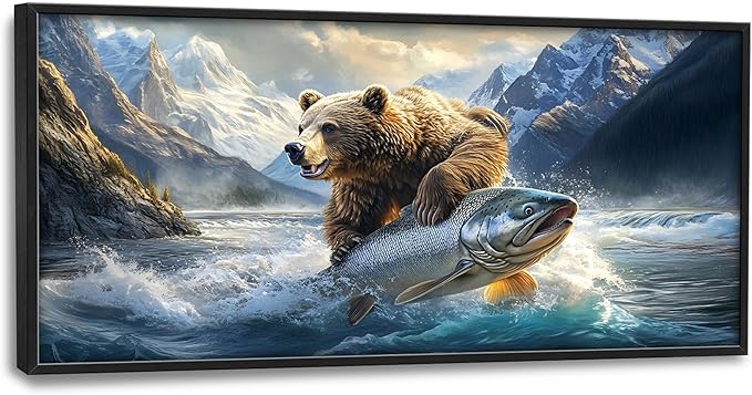 Bear Fish Large Decor Framed Wall Art Mountain Pictures for Living Room, Oversized Canvas Print Painting Modern Extra Large Framed Artwork for Bedroom Office Home Decor 60"x30"