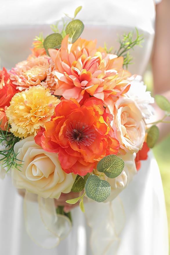 Orange Artificial Flowers Combo Set Fake Flower Leaf Box with Stemst for DIY Wedding Bridal Bouquet, Centerpieces, Home Decor, Floral Arrangement Decor