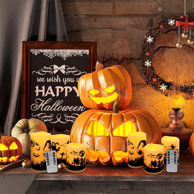 A Set of 6 Halloween-Themed LED flameless Candles, Featuring a timed Remote Control and Halloween-Themed Atmosphere Patterns, Perfect for Trick-or-Treating LED Candles，Halloween Spooky.