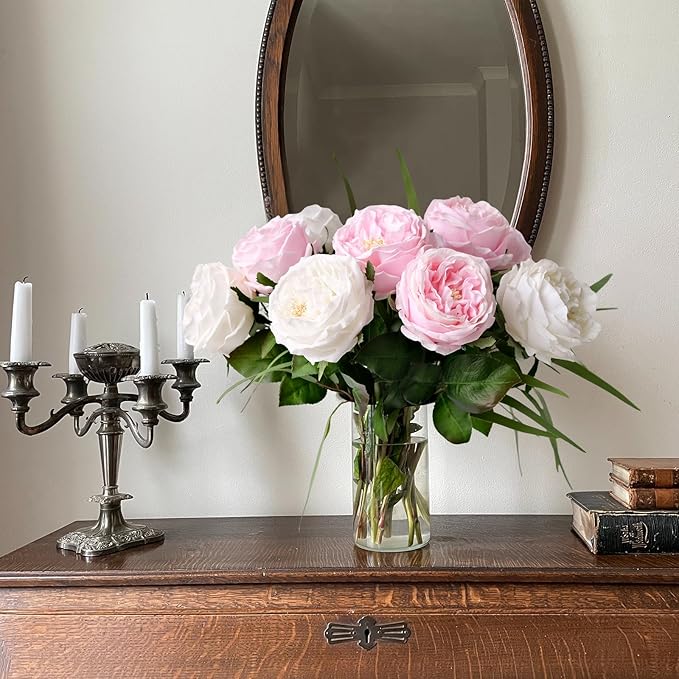 YalzoneMet 3.5'' Big Bloom Rose Artificial Flowers Light Pink 4Pcs Real Touch Rose Faux 17.7 Inch Long Stem Austen Roses Peonies Fake Flowers for Home Kitchen Party Christmas Flower Wedding Decor