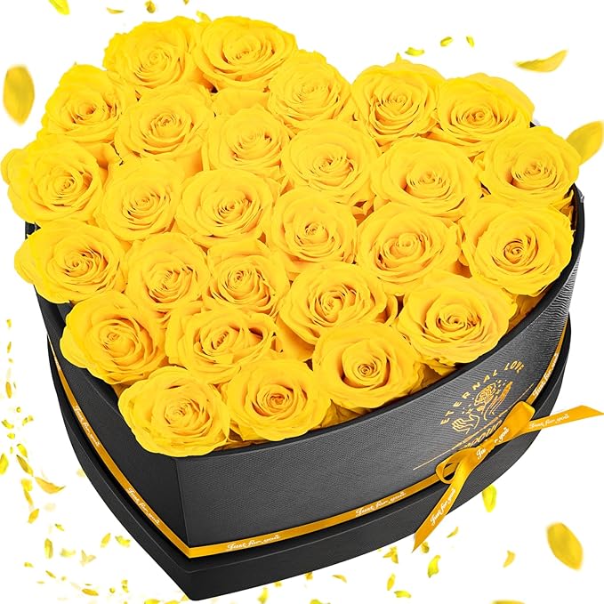 Preserved Rose in Heart Shape Box, 27 Forever Flowers, Eternal Roses, Birthday Gifts for Women, Her, Wife Mother's Day, Yellow