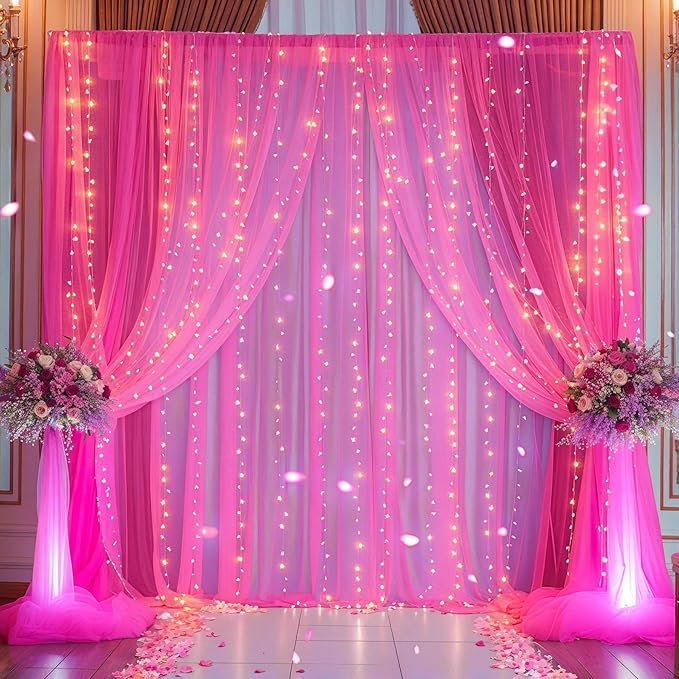10x10ft Hot Pink Tulle Backdrop Curtain with Lights String for Parites, Sheer Backdrop Curtains for Wedding Baby Shower Birthday Party Photo Shoot Decorations