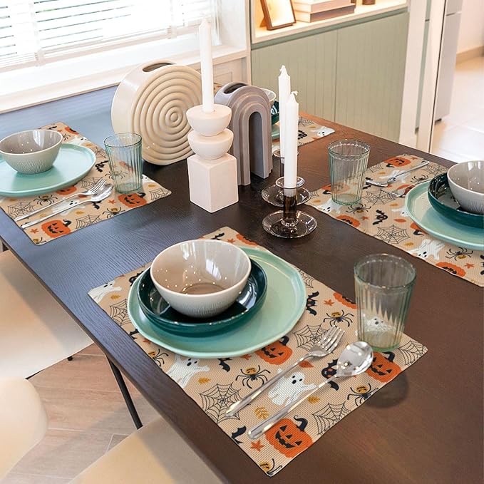 Placemats 4 pcs Halloween Double-Layer Imitation Linen Place Mats Non-Slip Heat-Resistant Tablemats for Home Restaurant Hotel 18×12 Inch