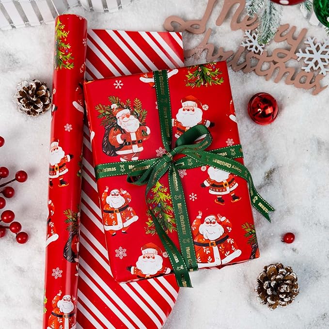 MAYPLUSS Red Christmas Wrapping Paper - 17 Inch X 33 Feet - Cute Santa Claus Christmas Tree Reversible Strip Gift Wrapping Paper, Metallic Foil Thick Gift Wrap Paper for Holiday Party New Year Kids
