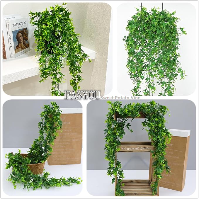 Artificial Hanging Vines, Fake Vine Plastic Plants Sweet Potato Leaves Ivy UV Resistant Greenery Décor Faux Flowers for Indoor Outdoor Garden Door Wall Wedding Party Table Decoration Green 4 Pack