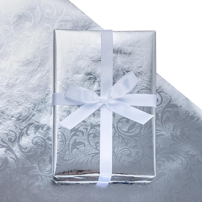 LeZakaa 3D Embossed Floral Foil Gift Wrapping Paper, Vintage Flower Metallic Foil for Birthday Christmas Party Holiday Gift Wrap, for DIY Crafts Scrapbook, Mini Roll 17 inch x 32.8 Ft(Silver)
