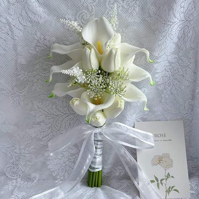 Floral Bouquet 10 Artificial Calla Lilies with 8 Artificial Tulip Flowers, Bridesmaid Bouquet with Wedding Ceremony Festivals Anniversary Bridal Rehearsal Party Bar Table Decor (White)