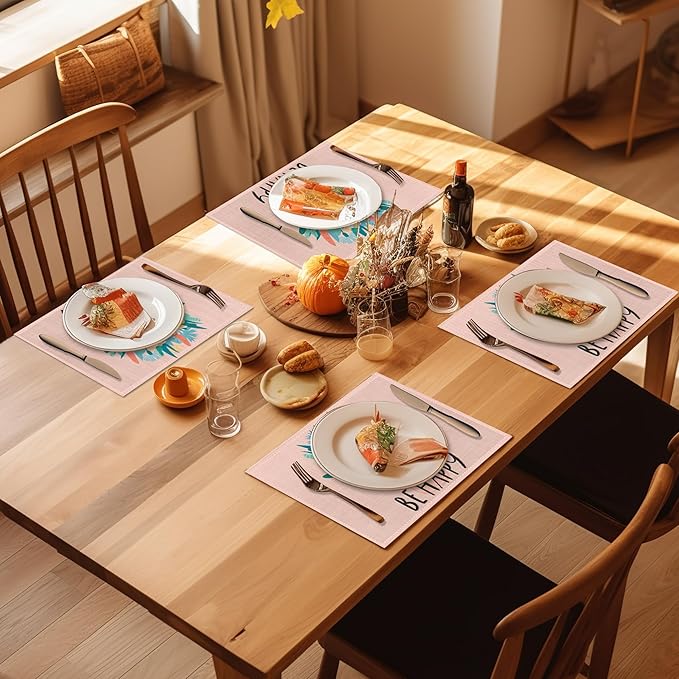 Blooming Wildflowers Placemats Set of 4, Be Happy Place Mats Non-Slip Heat Resistant Washable Placemat for Party Kitchen Dining Table Decoration Indoor Outdoor 12x18 Inch