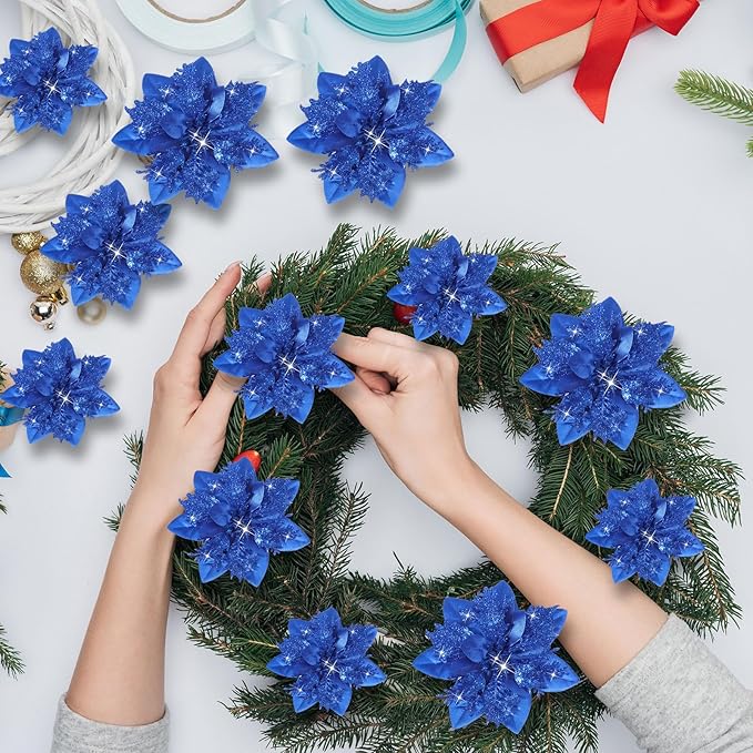 Geosar 24 Christmas Glitter Artificial Poinsettia Flowers Xmas Poinsettia Artificial Wedding Flowers Decorations Xmas Tree Ornaments with Clips for Party Favors, 6 Inch, 4 Inch, 3 Inch (Royal Blue)