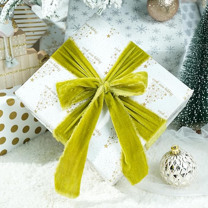 MAYREEL Lime Green Velvet Ribbon 2 Inch x 3 Yards Frayed Edge Silk Velvet Ribbon Hand Torn with Raw Edge for Bridal Bouquet, Invitations, Wedding, Vow Books, Gift Basket, Hair Bows