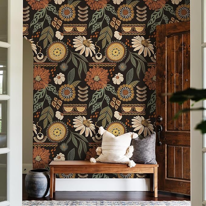 JiffDiff Boho Wallpaper Peel and Stick 17.3" x 400" Vintage Sun Floral Retro Removable Contact Paper Dark Botanical Flowers Bathroom Bedroom Renter Friendly Wall Mural
