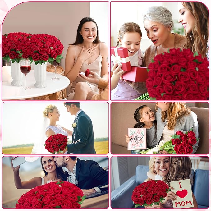 150 Pcs Roses Artificial Flowers, Silk Crimson Burgundy Artificial Flowers Petals Long Stem Roses for Wedding Bouquet Home Party Decor