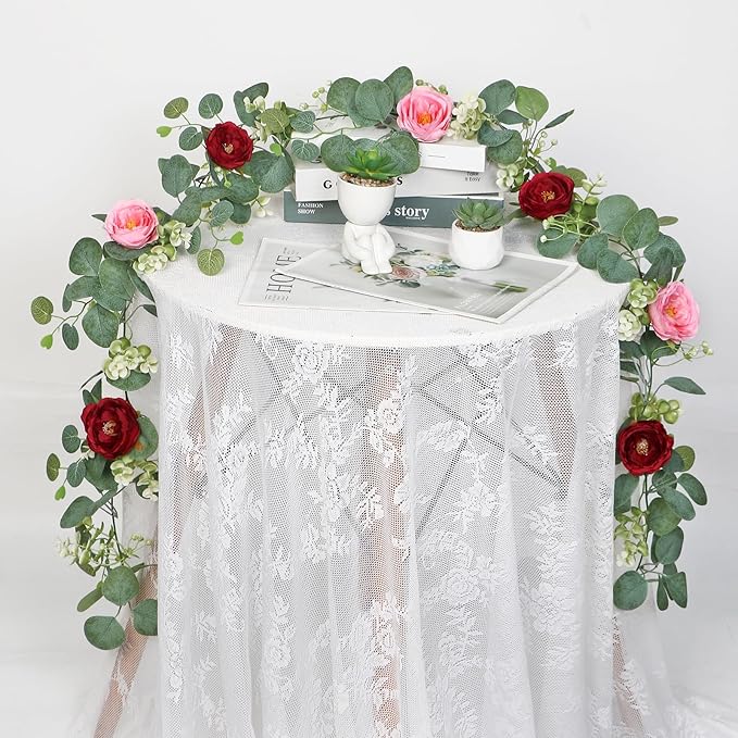 TOCHGREEN 2 Pack 13Ft Artificial Eucalyptus Flower Garland with Red Pink Roses, Fake Rose Flower Greenery Garland Floral Vines for Wedding Home Party Table Runner Decor (Red Pink, 2PCS)