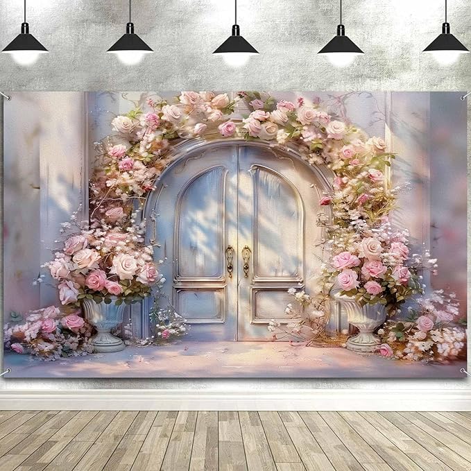 6X4ft Pink Floral Photography Backdrop, Retro Oil Painting Flowers Photography Backdrop Dreamlike Wedding Portrait Photo Background Wedding Birthday Party Background Banner Decor