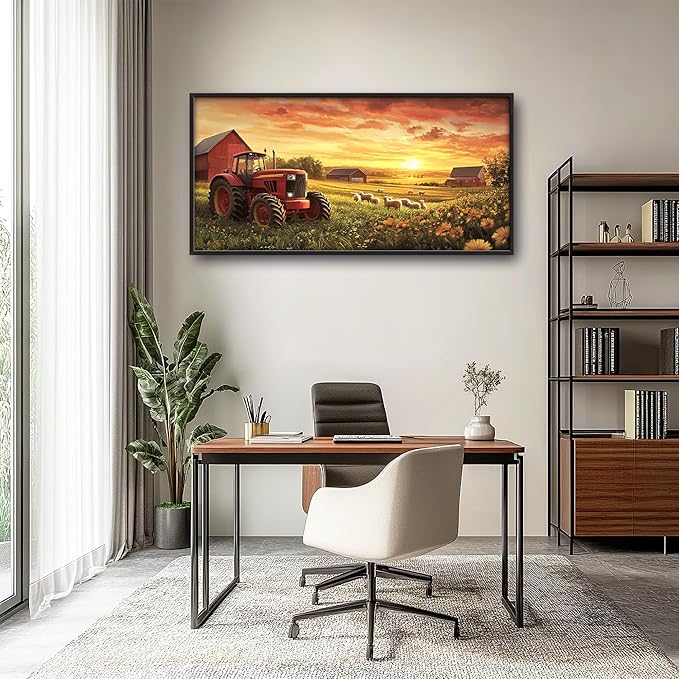 Farmhouse Sunset Large Wall Art Framed Wall Decor for Living Room Rustic Barn Tractor Pictures Oversized Canvas Print Painting Modern Extra Large Framed Artwork for Bedroom Office 60"x30"