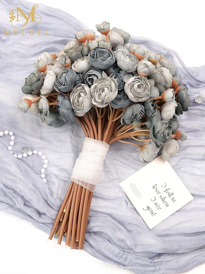 Meldel 32Pcs Ranunculus Artificial Flower, Dusty Blue Mini Rose Faux Ranunculus Flowers for DIY Bouquet, Bulk Fake Peony Wedding Filler Flowers for Centerpieces Arrangements Bridal Shower Decorations